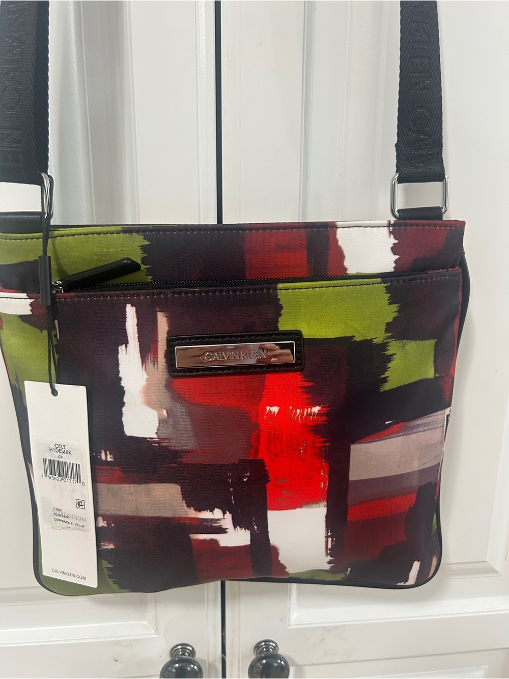 Calvin Klein Abstract Brushstroke Crossbody in Red, Green, Black & White
